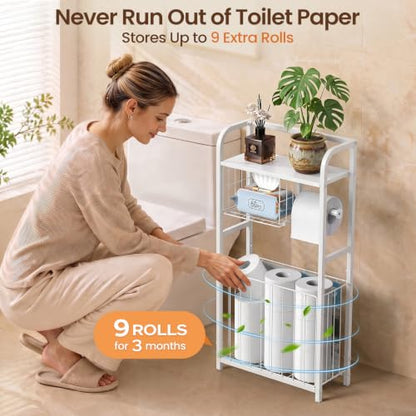 Freestanding Toilet Paper Holder Stand with Storage forSmall Bathroom Space | Holds 9 Spare Rolls, Phone, Wipes & Magazines –Large Capacity Toilet Paper Stand – Toilet Roll Dispenser and Organizer - color: White