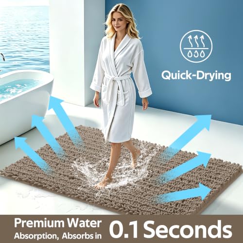 Upgrade Extra Large Dark Beige Bathroom Rug Set 3 Pieces Gray Ultra Soft, Thick Absorbent Bath Mats, Non Slip Chenille Toilet Mat Bathroom, Bedroom, Kitchen, Taupe - color: Dark Beige, size: 48"x20"+24"x17"+U Shape24"x20"