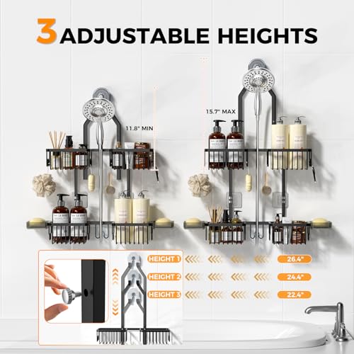Adjustable Aluminum Shower Caddy Hanging for Handheld Showerhead, Black | Rustproof Aluminum, Shower Organizer, Anti-Slip, Quick-Drain Shelf, 40lbs Capacity, Suction Cups, 8 Hooks, Razor Soap Holders - color: Black