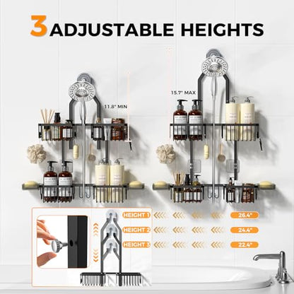 Adjustable Aluminum Shower Caddy Hanging for Handheld Showerhead, Black | Rustproof Aluminum, Shower Organizer, Anti-Slip, Quick-Drain Shelf, 40lbs Capacity, Suction Cups, 8 Hooks, Razor Soap Holders - color: Black