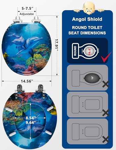 Angol Shiold ROUND Soft Close Wood Toilet Seat Blue Ocean Dolphins16.5Inch | Heavy Duty Quiet and Slow Close Lid and Seat, Quick Release Easy Installation & Clean (Blue Ocean Dolphins) - size: Round -16.5"