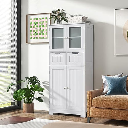 COSTWAY Tall Bathroom Storage Cabinet, Freestanding Storage Organizer with Glass Doors, 2 Drawers & 2 Adjustable Shelves, Wooden Linen Floor Cabinet for Bathroom, Living Room, Kitchen (White) | with Glass Doors, 2 Drawers & 2 Adjustable Shelves, Wooden Li