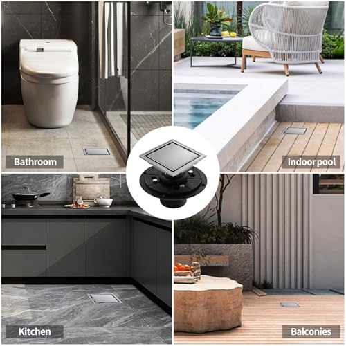 Hidden Brushed Square Shower Floor Drain, Silver 4 inch, 304 Stainless Steel, with Flange, Detachable Cover Embedded with Ceramic Tiles - color: Hidden Silver, size: 4 inch