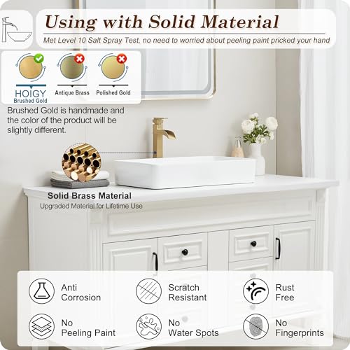 Brass Vessel Sink Faucets, Brushed Gold Tall Bathroom Faucet Single Handle, 1 Hole Bathroom Sink Faucet Waterfall Farmhouse Single Faucet Bathroom Sink with Pop-Up Drain & Pre-Installed Hoses - color: Brushed Gold - Elegant