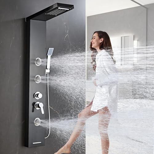 6 in1 Multi-Function Shower Panel Tower System-Brushed Black | 304 stainless steel Shower Panel Column Tower with Powerful Body Massage, Rainfall, Waterfall,Handheld and Tub Spout - color: Brushed Black, style: HSY-003
