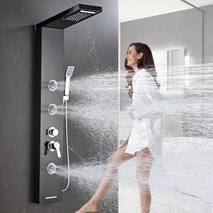 6 in1 Multi-Function Shower Panel Tower System-Brushed Black | 304 stainless steel Shower Panel Column Tower with Powerful Body Massage, Rainfall, Waterfall,Handheld and Tub Spout - color: Brushed Black, style: HSY-003