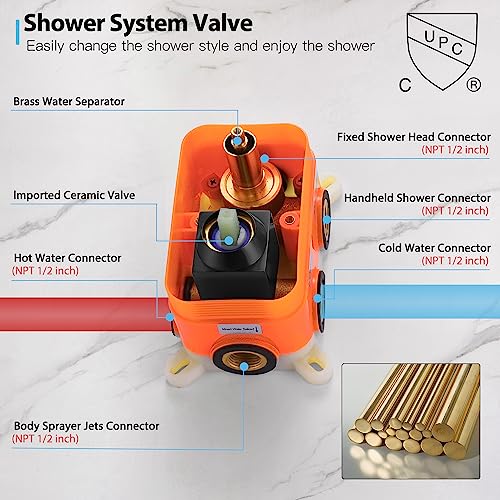 Shower System with 6 PCS Body Spray Jets 12 Inch Rain Shower Head Wall Mounted,Can Run All Together Contain Shower Faucet Rough-in Valve Body and Trim,Matte Black
