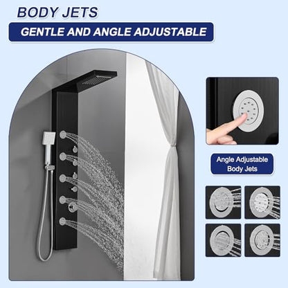 ROVATE 4-in-1 Rainfall Waterfall Shower Panel Tower System, Black | Shower Column with Body Massage Jets and Handheld, Stainless Steel High Pressure, Use Multiple Functions Simultaneously - color: Black Finish