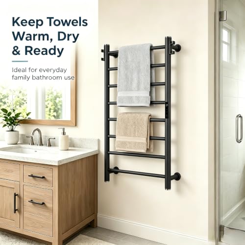 800mm Heated Towel Rack 8 Bar Wall Mounted Electric Towel Warmer Black - color: Black Anodized Finish, size: 8-Bar / 800 x 550 mm