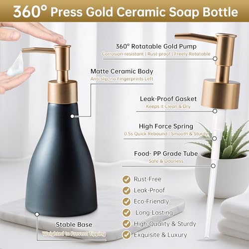 Gold Dispenser Bottle for Bathroom Countertop, Ceramic Black Dish Soap Dispenser for Kitchen Sink Soap Pump Lotion, Modern Hand Soap Dispenser with Gold Pump for Liquid Laundry Shower 280ml - color: Black
