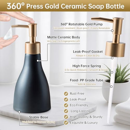 Gold Dispenser Bottle for Bathroom Countertop, Ceramic Black Dish Soap Dispenser for Kitchen Sink Soap Pump Lotion, Modern Hand Soap Dispenser with Gold Pump for Liquid Laundry Shower 280ml - color: Black