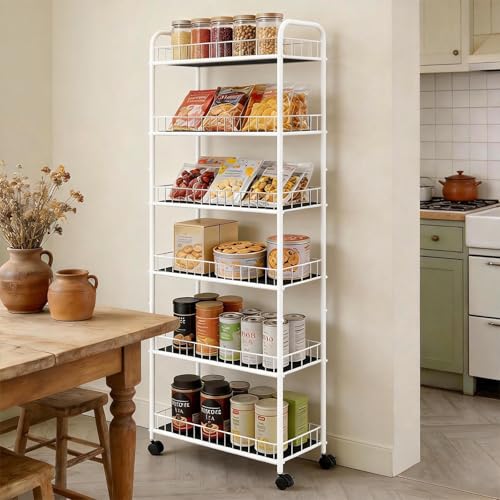 10in Slim Storage Cart, Metal 6-Tier Narrow Rolling Shelf, Sturdy Slim Storage with Hooks Ideal for Kitchen, Bathroom, and Laundry Room (10in White) - size: 10in White