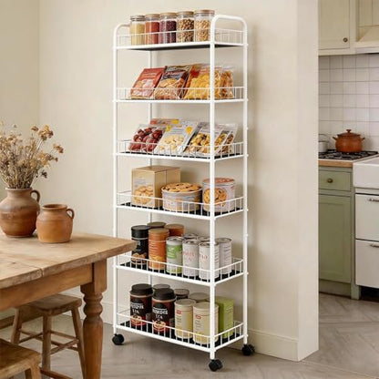 10in Slim Storage Cart, Metal 6-Tier Narrow Rolling Shelf, Sturdy Slim Storage with Hooks Ideal for Kitchen, Bathroom, and Laundry Room (10in White) - size: 10in White