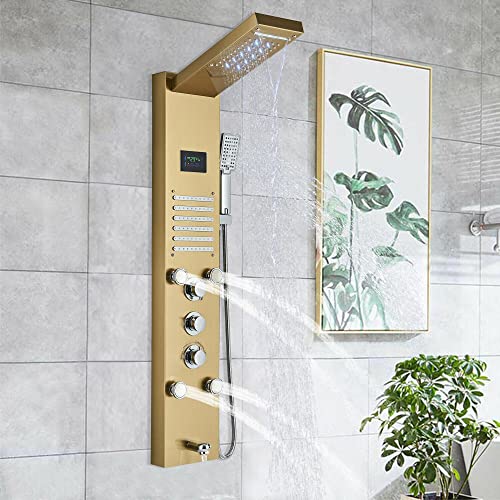 Brushed Gold LED Shower Panel Tower Massage Body Jets System Rain Waterfall Mixer Hand Shower