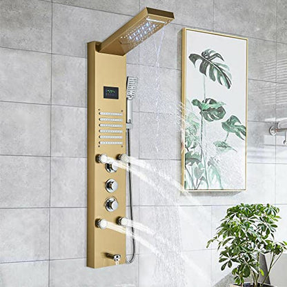 Brushed Gold LED Shower Panel Tower Massage Body Jets System Rain Waterfall Mixer Hand Shower