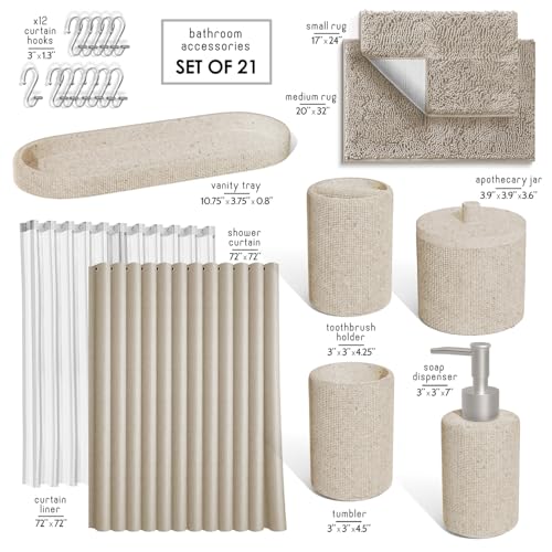 Clara Clark Beige Bathroom Set - Bathroom Sets with Shower Curtain and Rugs, 21PC Bathroom Accessory Set, Shower Curtain Set with Soap Dispenser & Toothbrush Holder - color: Beige, size: Complete Set + Bath Rugs