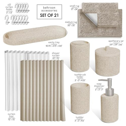 Clara Clark Beige Bathroom Set - Bathroom Sets with Shower Curtain and Rugs, 21PC Bathroom Accessory Set, Shower Curtain Set with Soap Dispenser & Toothbrush Holder - color: Beige, size: Complete Set + Bath Rugs