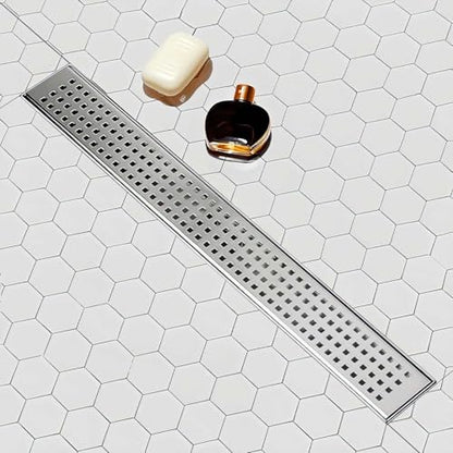 SaniteModar 24 inch Linear Shower Drain with Removable Square Hole Panel by Using Brushed 304 Stainless Steel Process, Linear Drain Equipped with Adjustable Feet and Hair Strainer | AISI 304 Stainless Steel Brushed Linear Dain Rectangle Shower Floor Drain