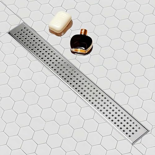 SaniteModar Linear Shower Drain 72 inch Brushed with Square Hole Panel | AISI 304 Stainless Steel Brushed Linear Dain Rectangle Shower Floor Drain with Hair Strainer and Leveling Feet - color: Stainless Steel, size: 72 inch