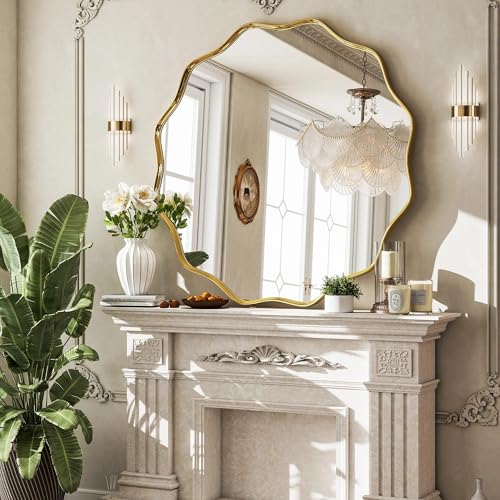 Gold Scalloped Circle Mirror, 36" Wavy Edge Round Wall Mirror | Tempered Glass Textured Circular Metal Deep Frame, Hanging Leaning for Bathroom, Hallway, Entryway, Livng Room - color: Gold, size: 36"L x 36"W