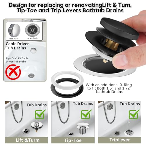 Universal Bathtub Stopper, Pop Up Bath Tub Drain Stoppers, EZ Install Bathtub Drain Replacement Trim Kit, Replaces Lift and Turn, Tip-Toe and Trip Lever Drains for Tub(Black) - color: Matte Black