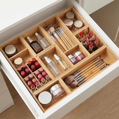 Bamboo Drawer Organizer,Fits Kitchens,Bathrooms,Desk,Utensil,Makeup,Removable Dividers (Natural, M) - size: M