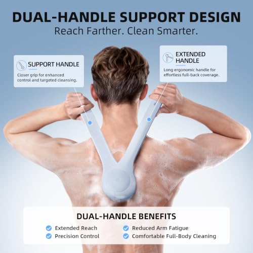 Electric Body Brush, Back Scrubber for Shower with Long Dual Handle, Waterproof Power Shower Brush with 3 Interchangeable Heads & 2 Speeds for Cleansing, Exfoliating and Massage, Sky Blue - color: Sky Blue