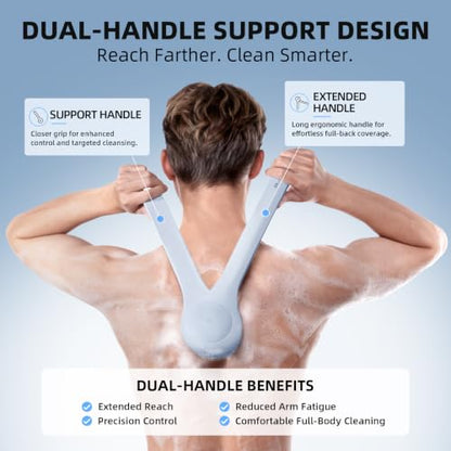 Electric Body Brush, Back Scrubber for Shower with Long Dual Handle, Waterproof Power Shower Brush with 3 Interchangeable Heads & 2 Speeds for Cleansing, Exfoliating and Massage, Sky Blue - color: Sky Blue