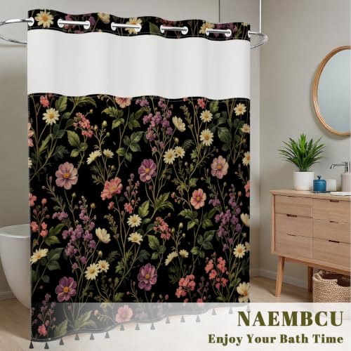 Dark Floral Shower Curtain with Snap in Liner & Tassels, 71W x 77L | No Hook Needed, Double Layer Waterproof Fabric with Mesh Top, Moody Botanical Wildflower Design for Boho Farmhouse Bathroom - color: Colorful Wildflowers