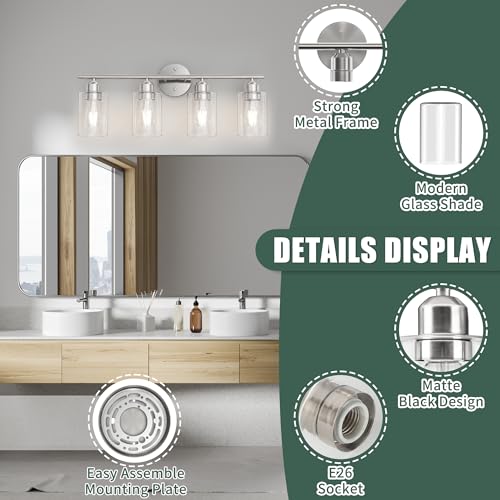 Bathroom Vanity Light Fixtures Brushed Nickel,4 Lights Rustic Farmhouse Vanity Bar Lighting Over Mirror Modern Industrial Wall Sconces Lamp with Cylinder Glass Shade - color: Brushed Nickel, size: 4 Lights