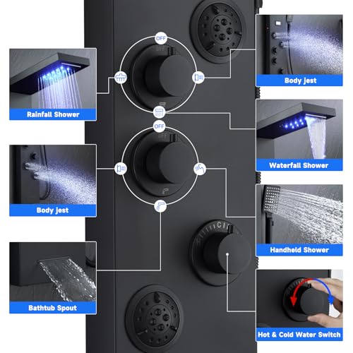 5-in-1 LED Shower Panel Tower System Matte Black Stainless Steel | Rainfall + waterfall | 4 body jets | Handheld shower | LED lights | Wall mount - color: Matte Black