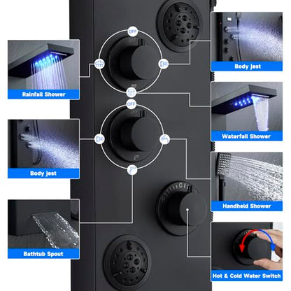 5-in-1 LED Shower Panel Tower System Matte Black Stainless Steel | Rainfall + waterfall | 4 body jets | Handheld shower | LED lights | Wall mount - color: Matte Black