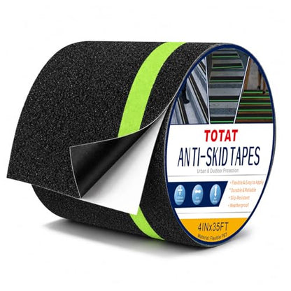 Glow in Dark Anti Slip Tape,4" x35FT Heavy Duty Waterproof Safety Grip Tape for Stairs, Pool, Bathroom - Black & Glow Stripe Indoor/Outdoor Multi-Purpose Traction Tape - size: 4IN x 35FT