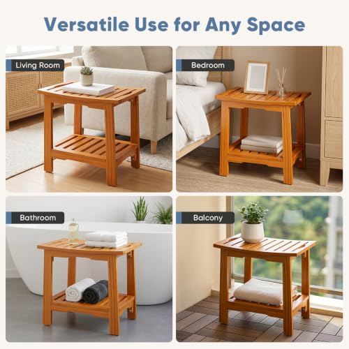 DUMOS 18" Woodern Shower Bench for Inside Shower, Waterproof Bathroom Bench | Shower Chair for Shaving Legs and Spa, Non-Slip Solid Wood Shower Stool with Handles for Senior Adult Disabled Elderly, Brown - size: 17.91"W