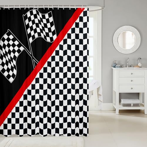 Homewish Racing Car Bath Curtain Panel,Race Car Flag Extreme Sports Waterproof Fabric Shower Curtain,Geometric Grid Black White Check Bathroom Curtain with 12 Hooks, 72Wx78L inch - color: Multi 09, size: 72"Wx78" L