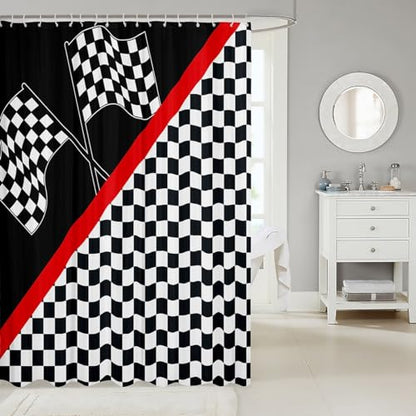 Homewish Racing Car Bath Curtain Panel,Race Car Flag Extreme Sports Waterproof Fabric Shower Curtain,Geometric Grid Black White Check Bathroom Curtain with 12 Hooks, 72Wx78L inch - color: Multi 09, size: 72"Wx78" L