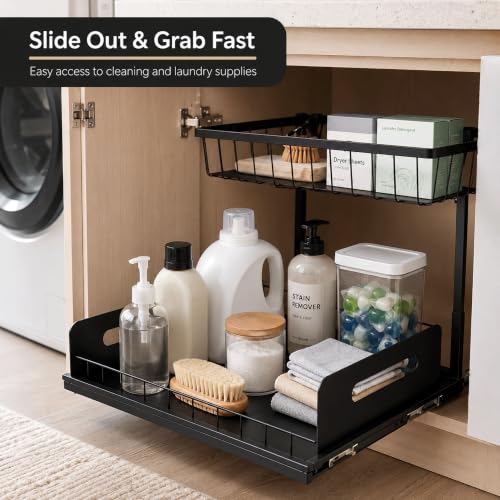 2-Tier Under Sink Organizer, Pull-Out Cabinet Storage Rack, Black, Adjustable Height 13.8 to 16.9 Inches