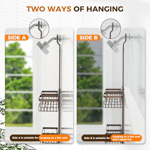 REINHARDT Split Shower Caddy Hanging for Handheld Showerheads, Bronze | Adjustable Shower Organizer, Rustproof, 16 Hooks, Soap Holder, 40lbs Capacity, Anti-Slip, Tool-Free, Bathroom Accessories - color: Bronze