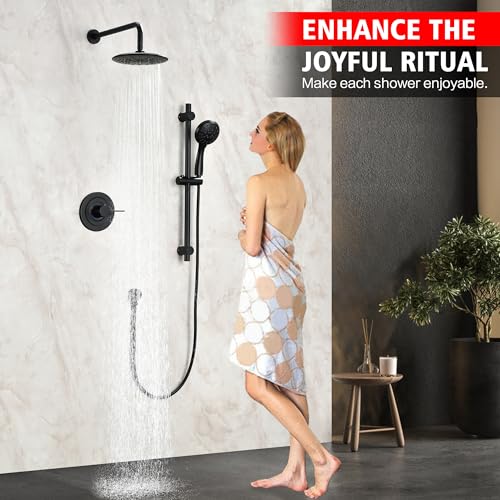 SUMERAIN Matte Black Rain Shower System with Adjustable Slide Bar | Shower Faucet Fixture with Handheld, Included Valve and Trim Kit, Easy Control, Single Handle - color: Matte Black