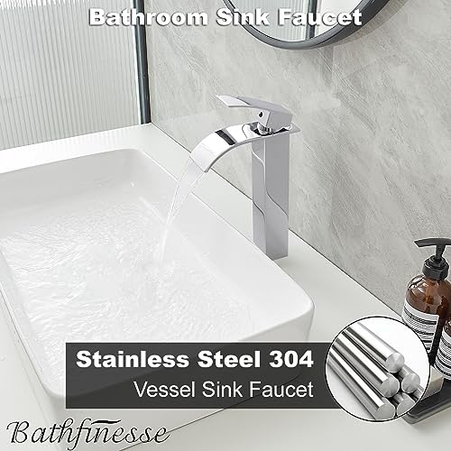 Chrome Bathroom Faucet Waterfall Vessel Sink Faucet Modern Stainless Steel | Single Handle One Hole Deck Mount,Bowl Vanity Sink Faucet,with Pop-up Drain Assembly and Supply Line,Lead-Free by Bathfinesse - color: Chrome