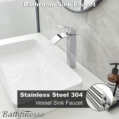 Chrome Bathroom Faucet Waterfall Vessel Sink Faucet Modern Stainless Steel | Single Handle One Hole Deck Mount,Bowl Vanity Sink Faucet,with Pop-up Drain Assembly and Supply Line,Lead-Free by Bathfinesse - color: Chrome