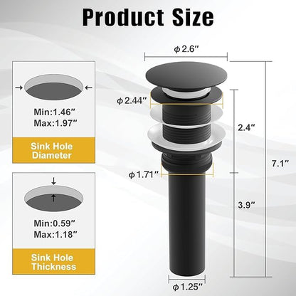 ZM Pop Up Drain Stopper No Overflow for Bathroom Faucet Vessel or Vanity Sink, Matte Black - style: Black Without Overflow