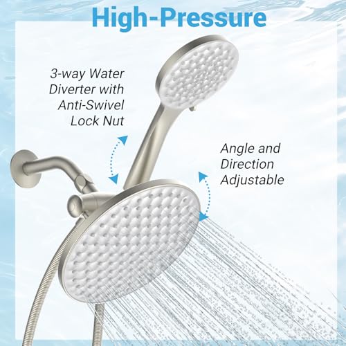 Dual Shower Head with Handheld Combo, 8.6" Rainfall Showerhead | 6 Settings Handheld Shower Head with Hose, Dual Shower System for Full Body Coverage and Easy Installation(Brushed Nickel) - color: Brushed Nickel