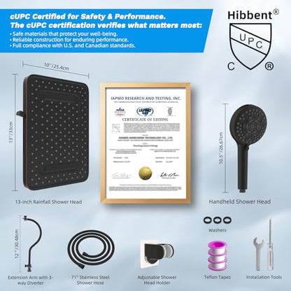 Hibbent 13'' 5-spray Rain Shower Head, 10-Spray Handheld, Oil Rubbed Bronze | cUPC Certified High Pressure Dual Showerhead Combo, Upgraded Rainfall Shower Head, 12'' Extension Arm, 71'' Hose & Holder - color: Oil Rubbed Bronze, style: Square 13''