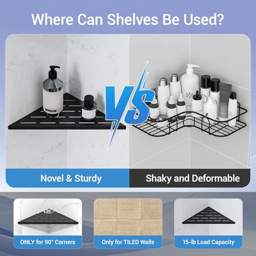 Corner Shower Shelf, 10 Inch Black 304 Stainless Steel Recessed Installation with Grout, No Drilling Required Tile Shower Shelf for Tiled Wall (2-Pack)
