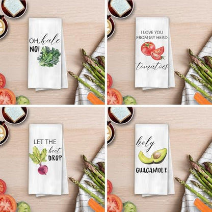 Funny Foodie Kitchen Towels Set - Vegetarian Gifts Decorative Waffle Dish Towels, Funny Hostess Gifts Hand Towel, Housewarming Gift Tea Towel, 16x24 Inches Set of 4 - color: Foodie- 02