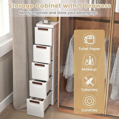 5-Drawer Narrow Storage Cabinet, Slim Rolling Cart (7.5"x16.5"x36") | Mobile Plastic Cart Container | Pull Handles & Built-in Wheels | For Living Room, Kitchen, Bathroom, Office - size: 7.5"x16.5"x36" (5 Drawer)