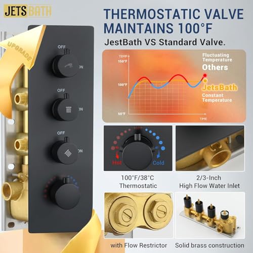 16" Thermostatic Dual Rainfall Head Shower System with Handheld & Valve, 16” Ceiling Shower Faucet Set with 6-Inch Shower Head, JetsBath Matte Black Full Body Shower System for Couples/ 2-Person - color: Matte Black