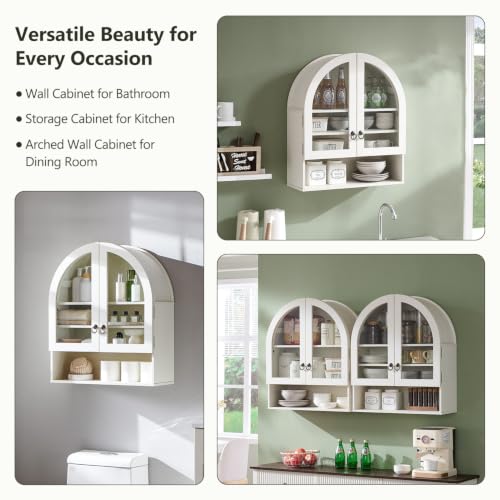 IFGET Bathroom Arched Wall Cabinet, 23.6'' Wide Medicine Cabinet with Adjustable Shelves & Glass Doors, Over The Toilet Storage Wall Mount Cabinet for Laundry Room,Kitchen & Living Room, Antique White - color: Antique White