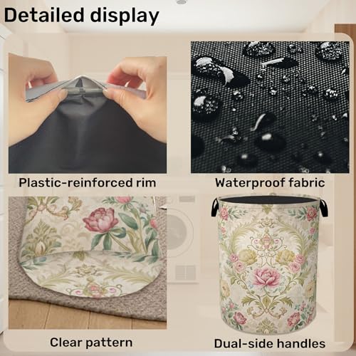Shabby Chic Rose Laundry Basket with Handles - Extra Large Foldable Hamper for Bathroom/Laundry/Bedroom/Dorm, Washable Fabric Storage Bin - color: Shabby Chic Rose